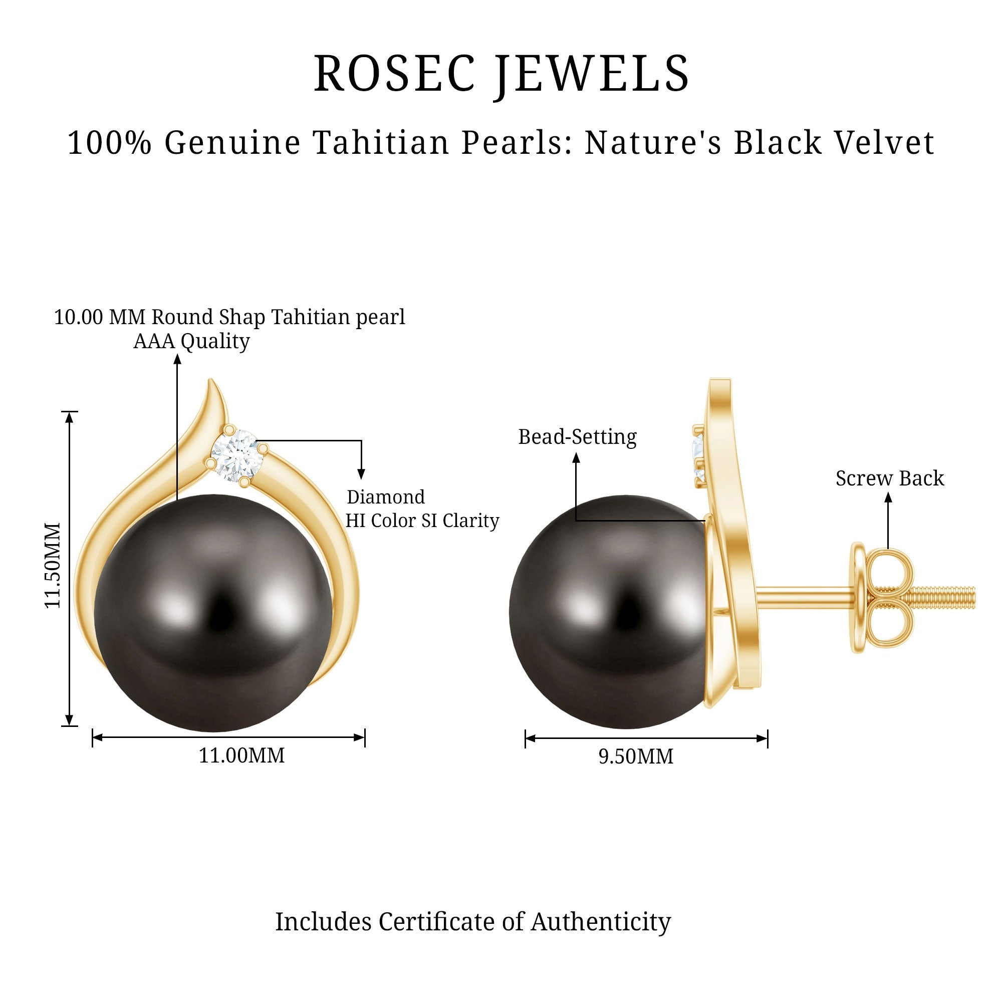 Cultured 16 Carat Tahitian Pearl Bridal Stud Earrings with Diamond