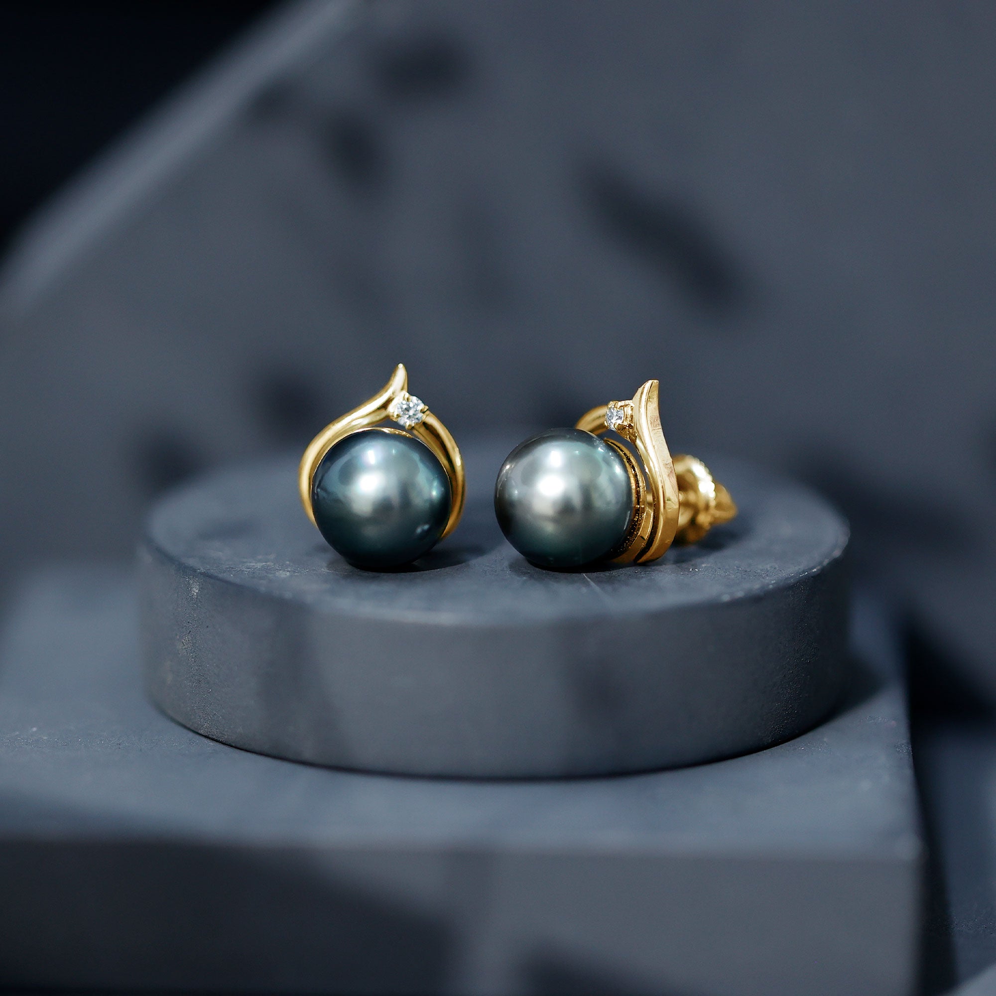 Cultured 16 Carat Tahitian Pearl Bridal Stud Earrings with Diamond