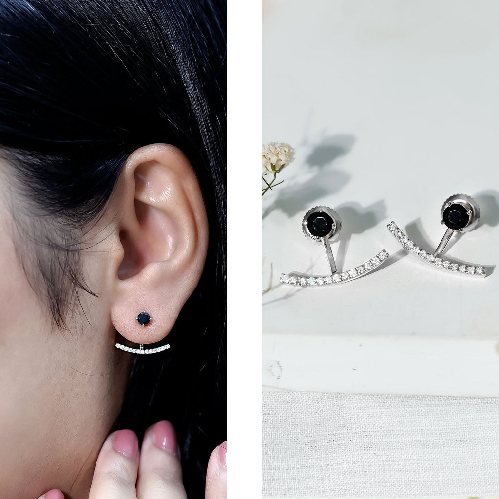 Round Black Onyx Front Back Earrings with Diamond