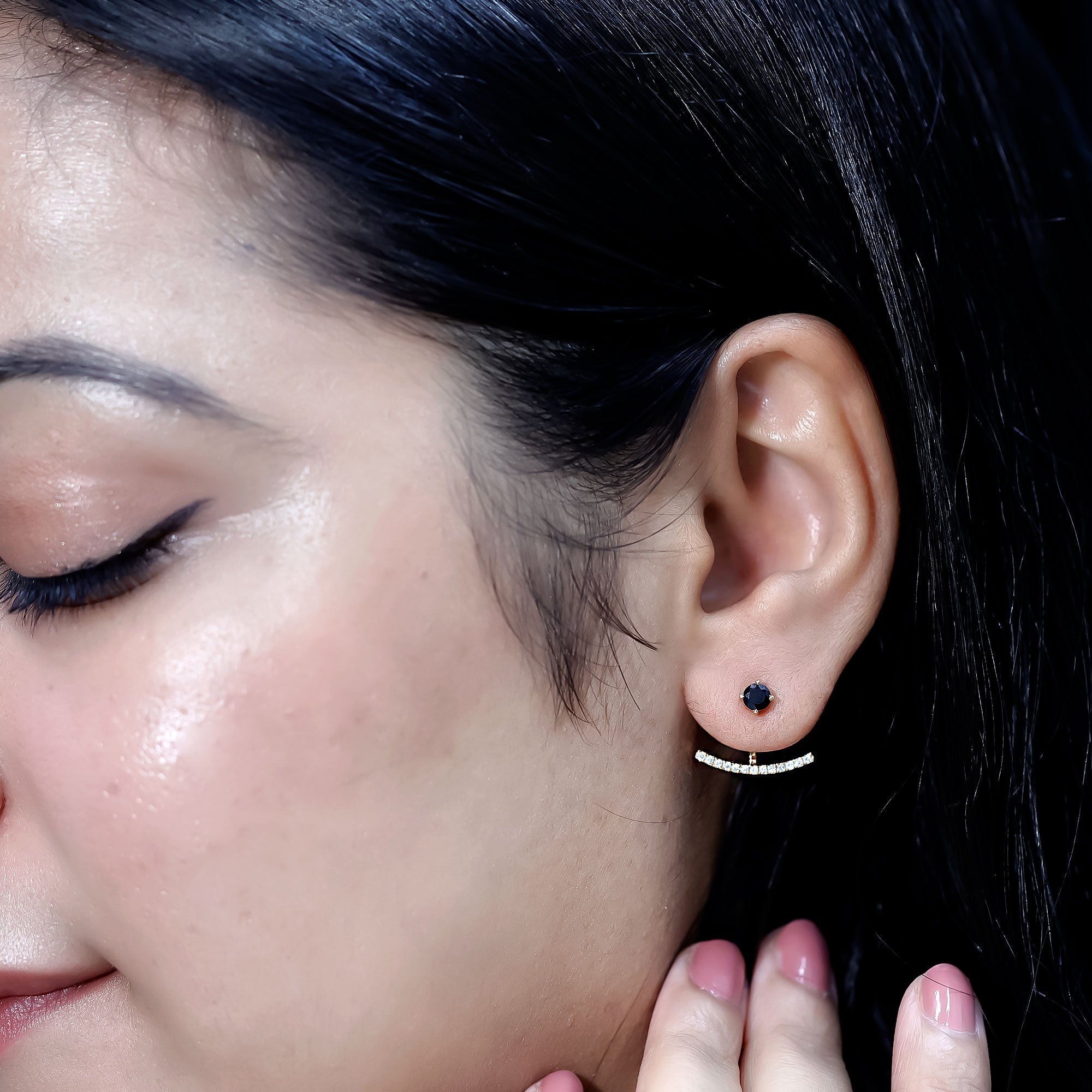 Round Black Onyx Front Back Earrings with Diamond