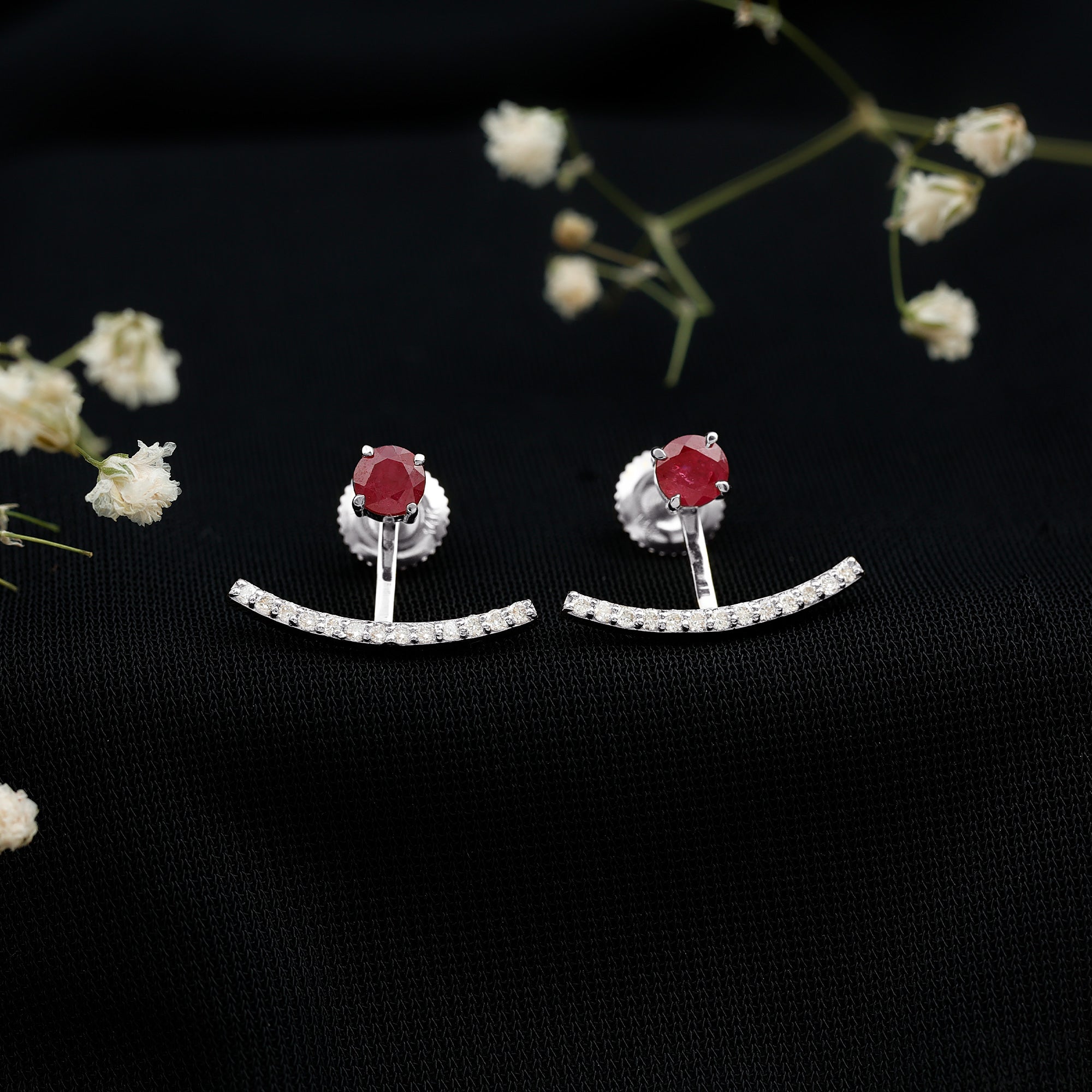 Real Ruby Front Back Earrings with Diamond