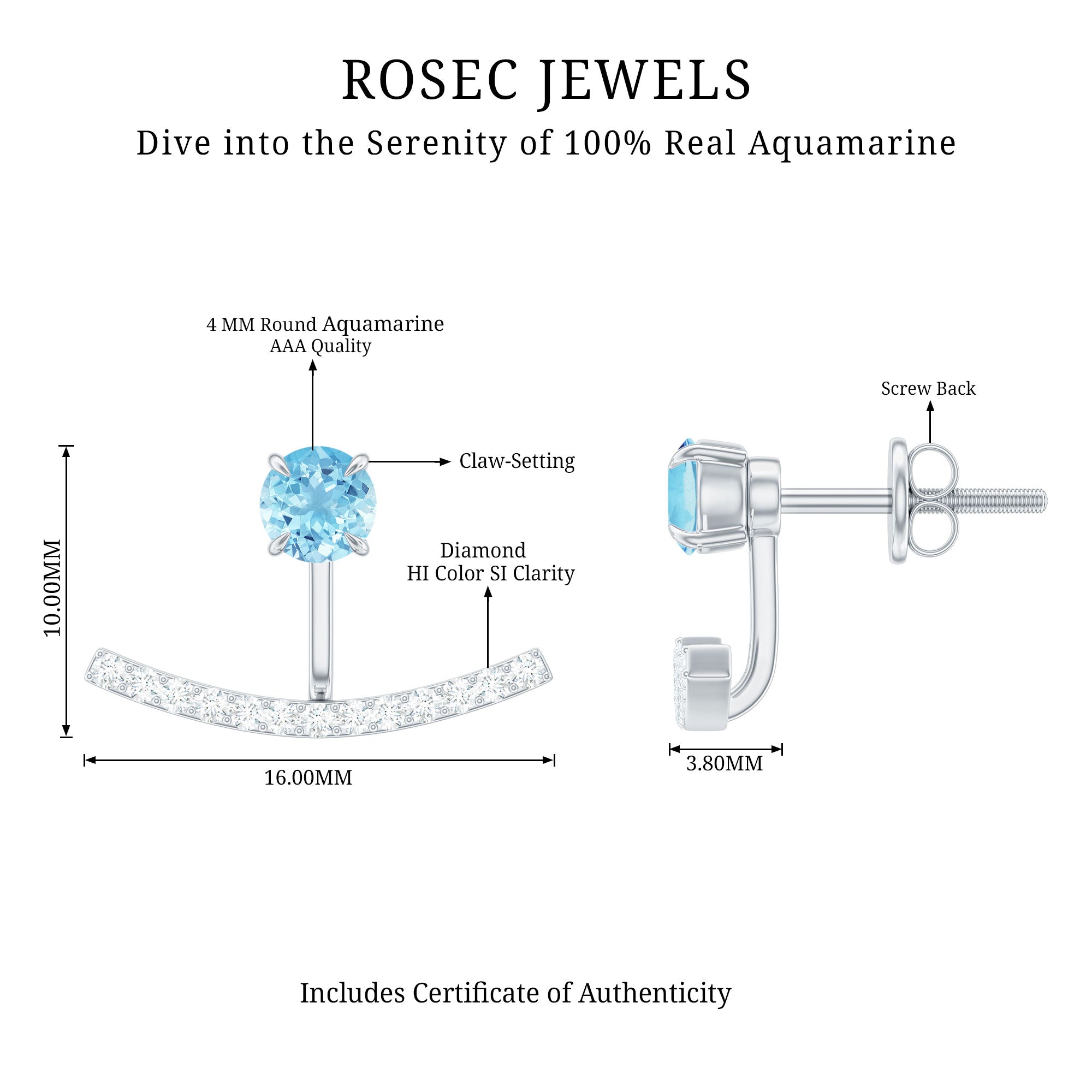 Natural Aquamarine Diamond Jacket Earrings with Screw Back