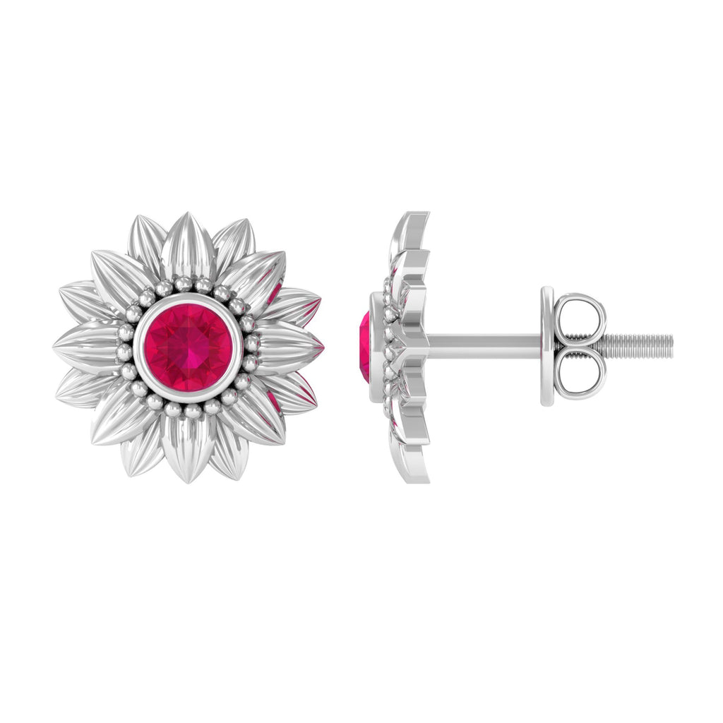 Bezel Set Real Ruby Flower Stud Earrings