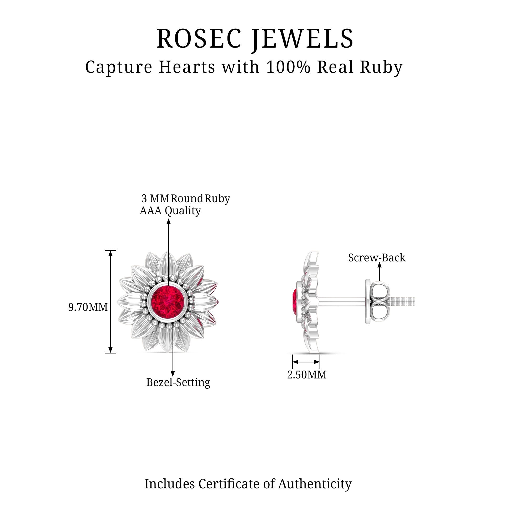 Bezel Set Real Ruby Flower Stud Earrings