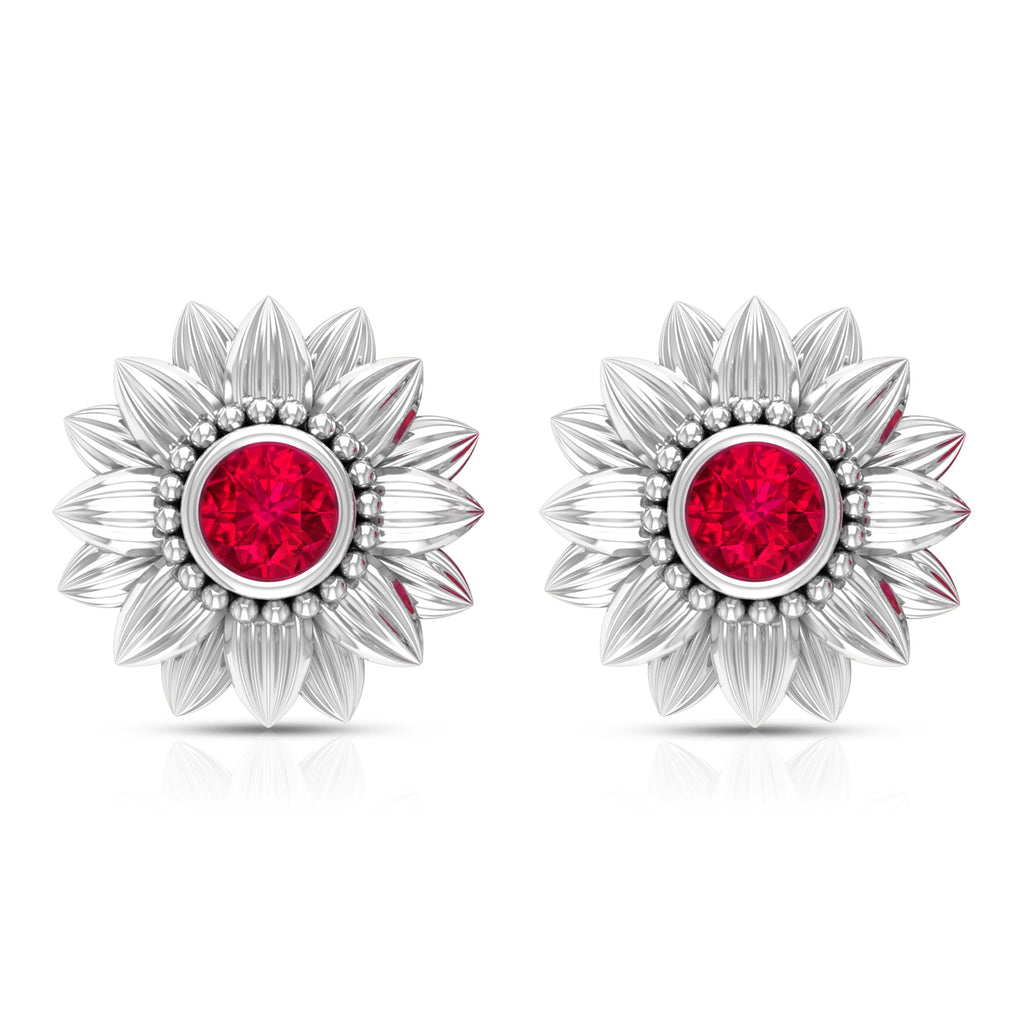 Bezel Set Real Ruby Flower Stud Earrings