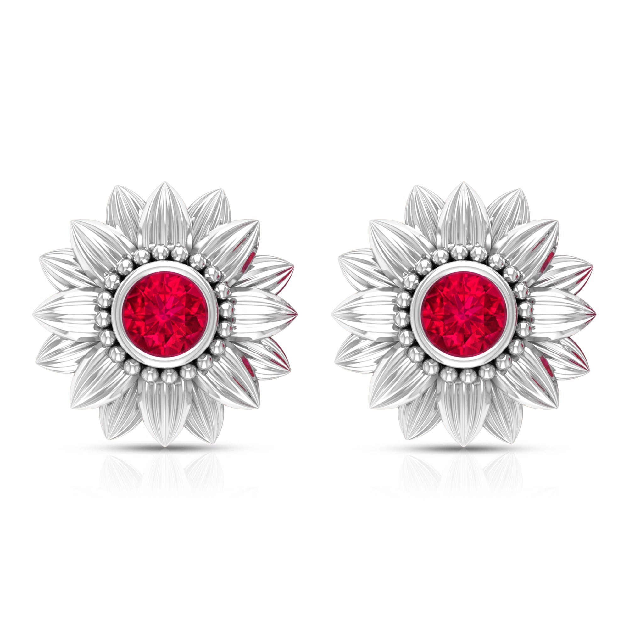 Bezel Set Real Ruby Flower Stud Earrings