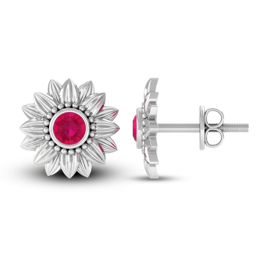 Bezel Set Real Ruby Flower Stud Earrings