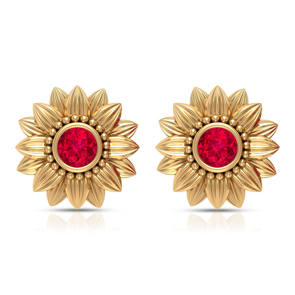 Bezel Set Real Ruby Flower Stud Earrings
