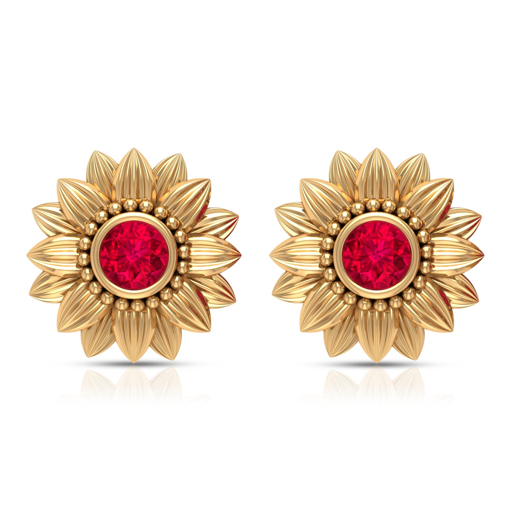Bezel Set Real Ruby Flower Stud Earrings