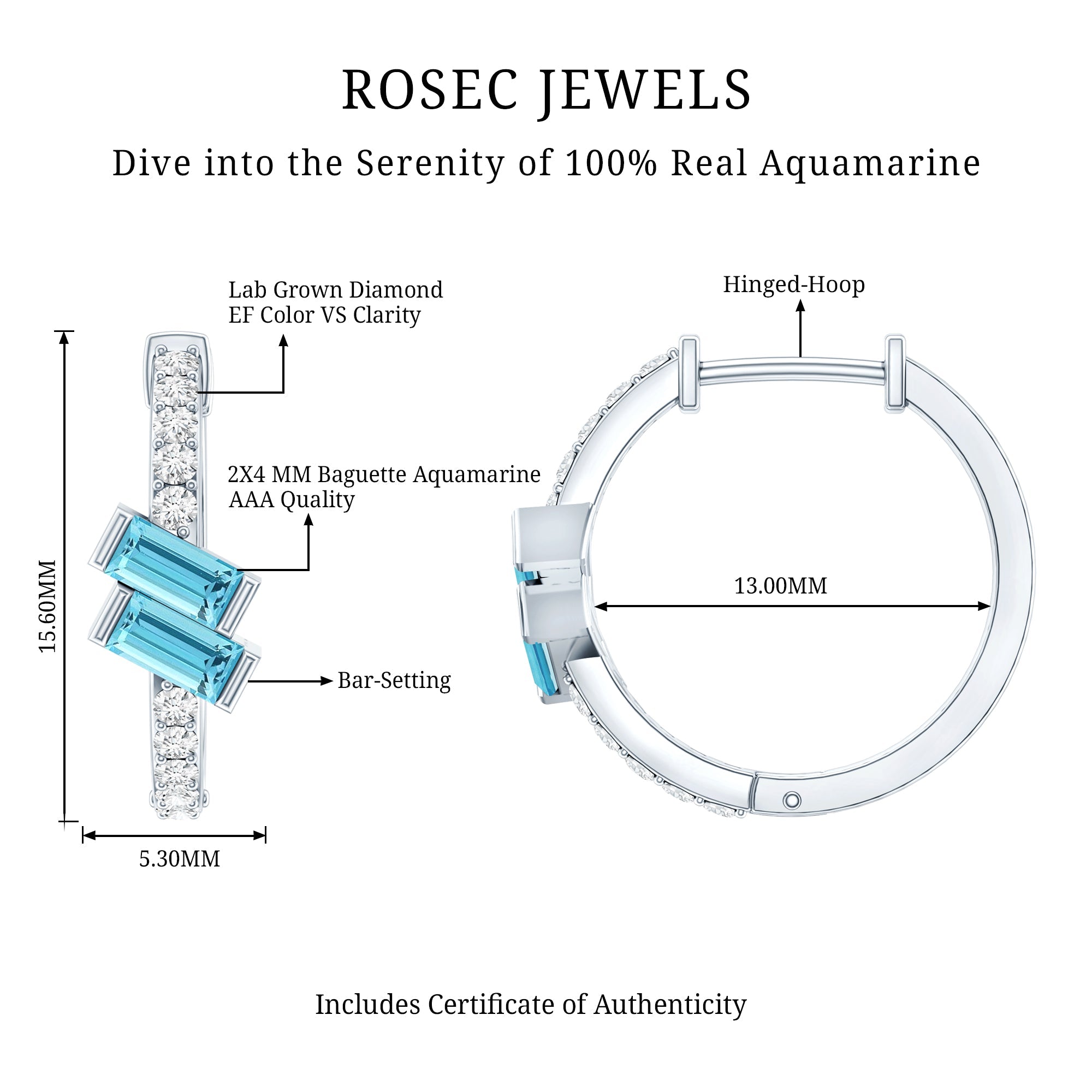 Natural Half Carat Aquamarine Hoop Earrings with Lab Diamond