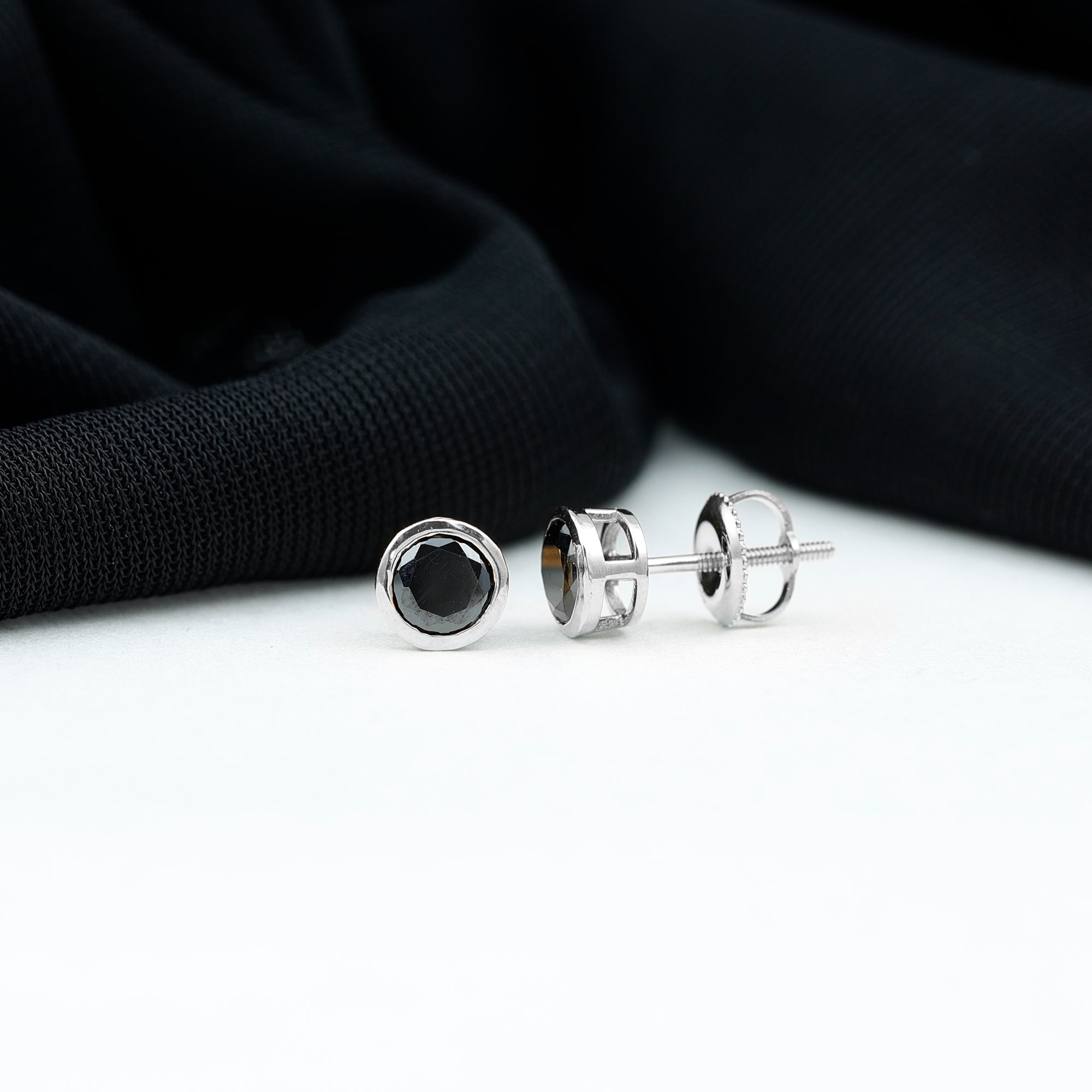 1.6 Carat Created Black Diamond Solitaire Stud Earring in Bezel Setting