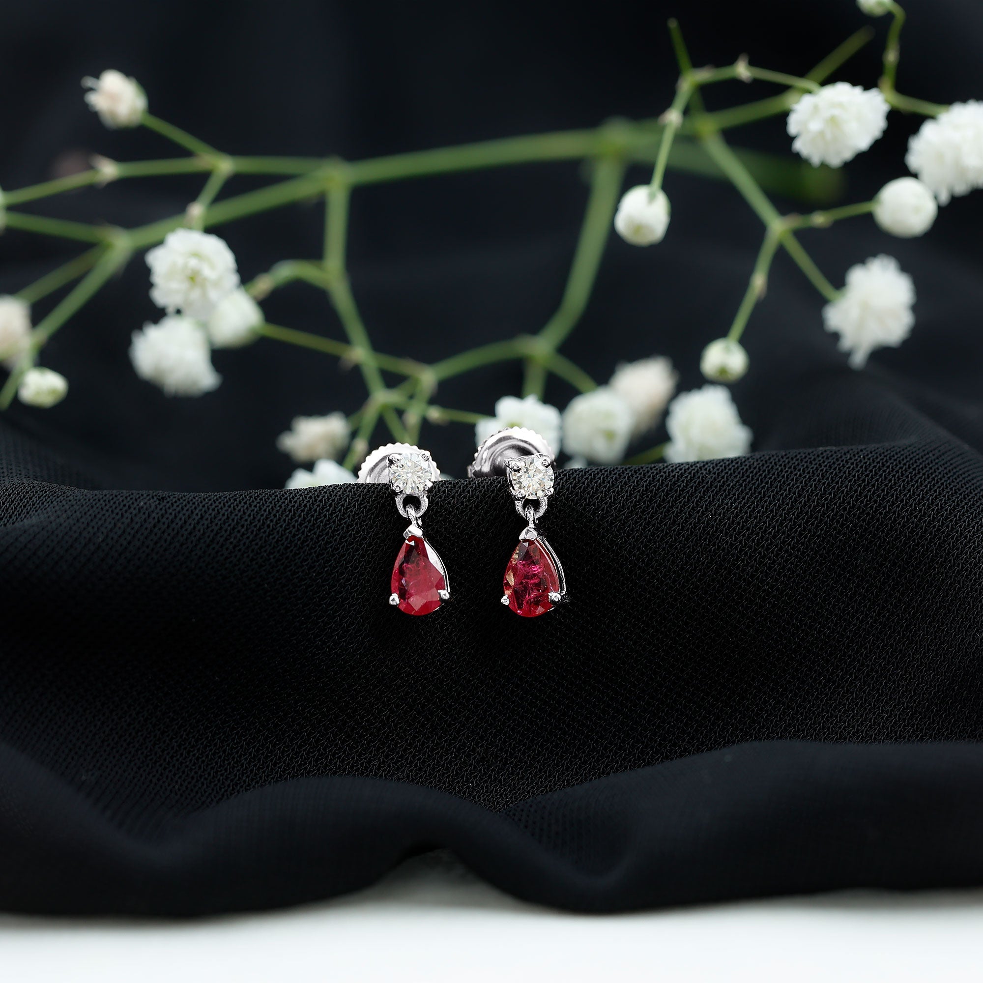 Natural Ruby Teardrop Drop Earrings with Lab Grown Diamond