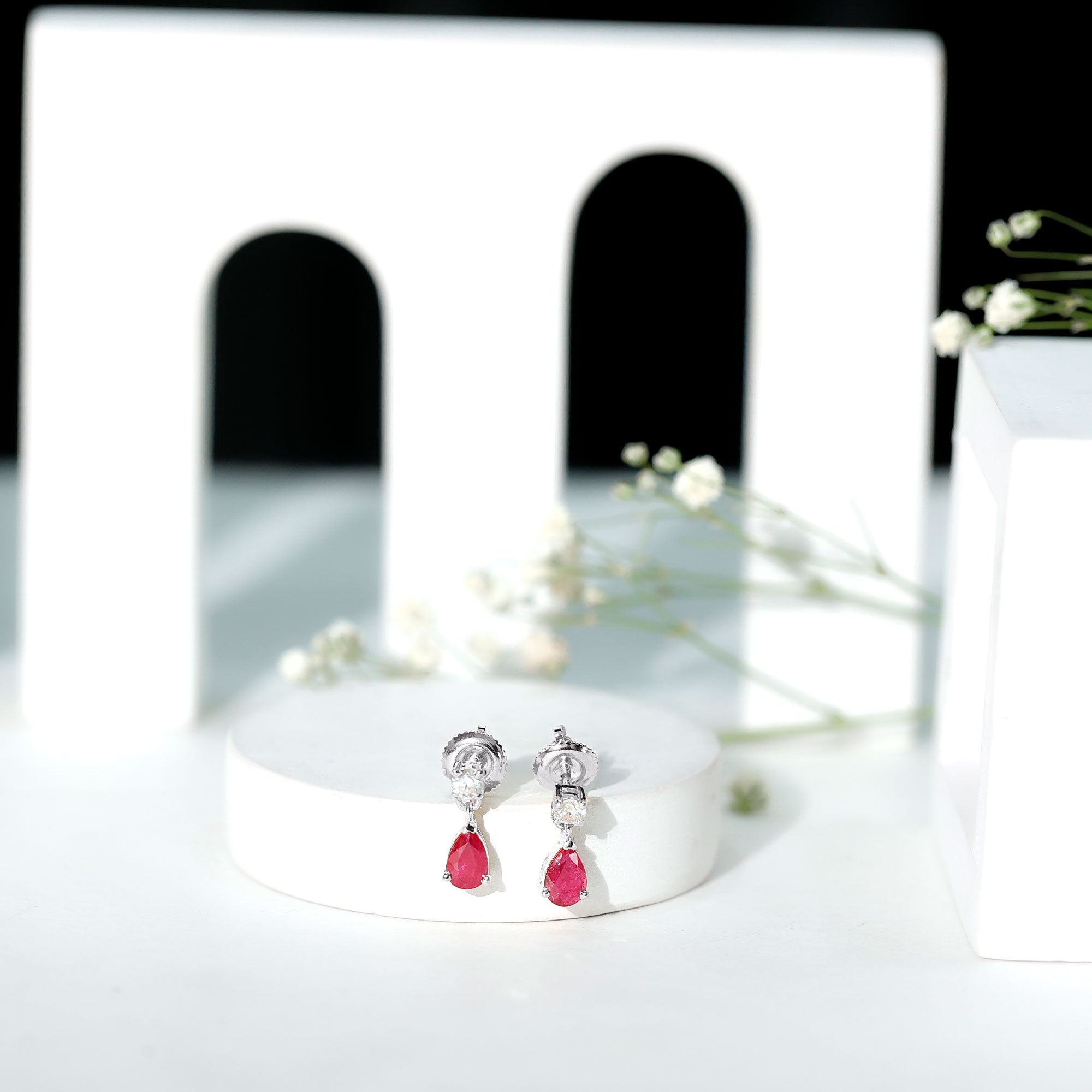 Natural Ruby Teardrop Drop Earrings with Lab Grown Diamond