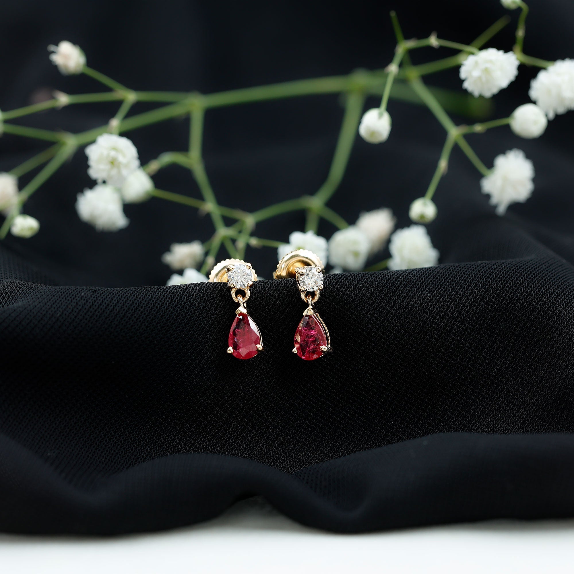 Natural Ruby Teardrop Drop Earrings with Lab Grown Diamond