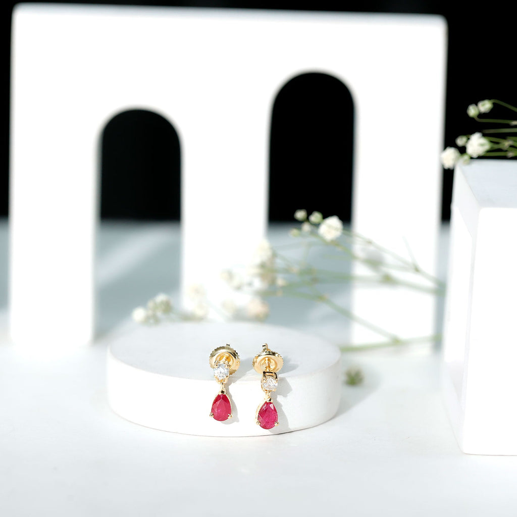 Natural Ruby Teardrop Drop Earrings with Lab Grown Diamond