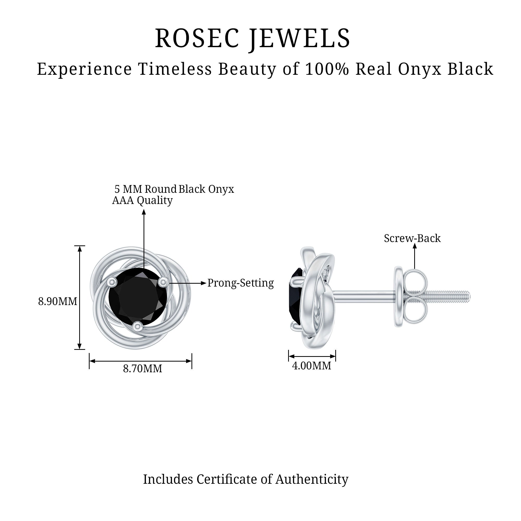0.9 Carat Solitaire Black Onyx Swirl Stud Earrings