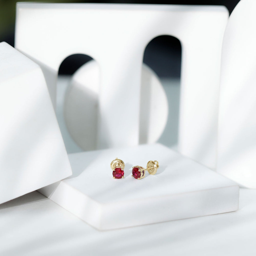 Round Shape Lab Grown Ruby Solitaire Stud Earrings