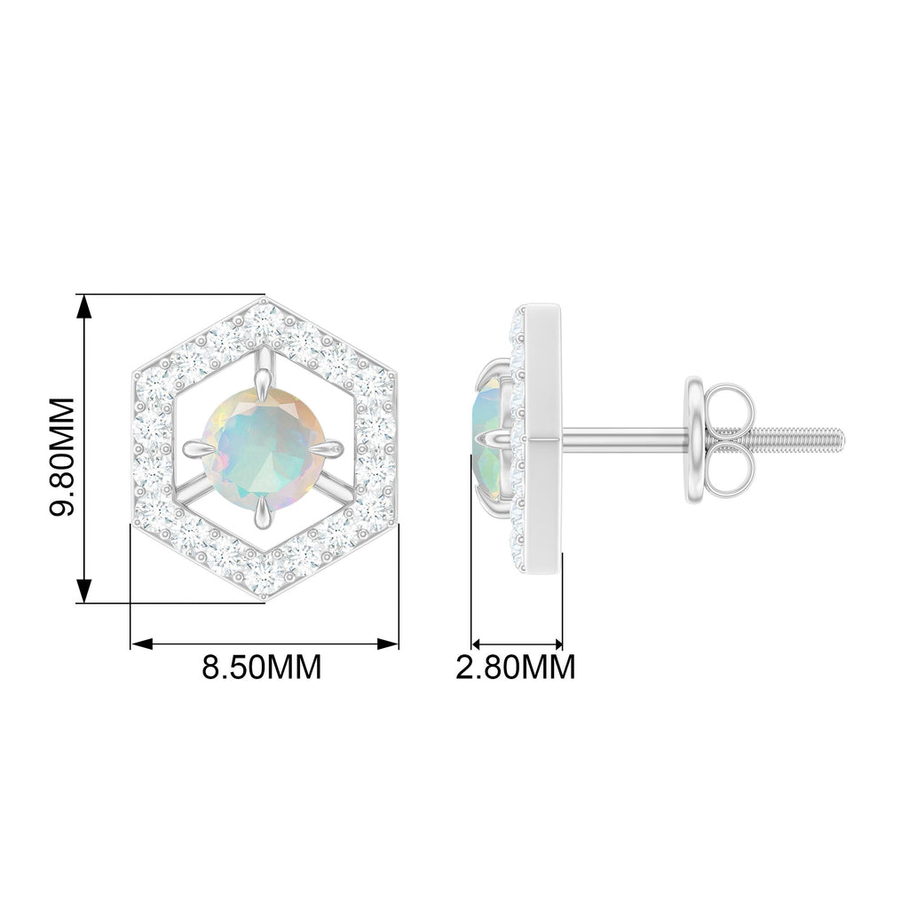 1 CT Minimal Ethiopian Opal and Diamond Geometric Stud Earrings
