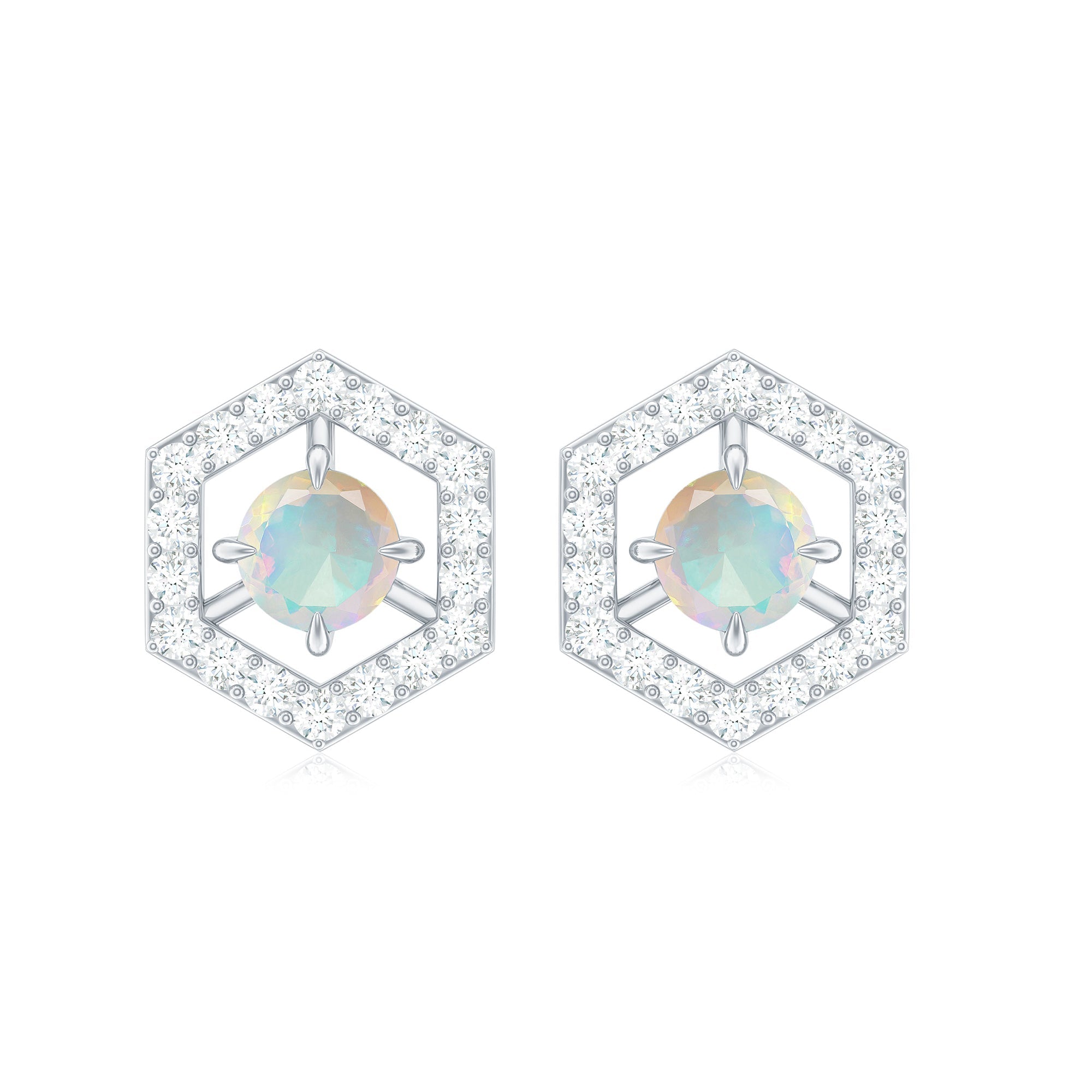 1 CT Minimal Ethiopian Opal and Diamond Geometric Stud Earrings