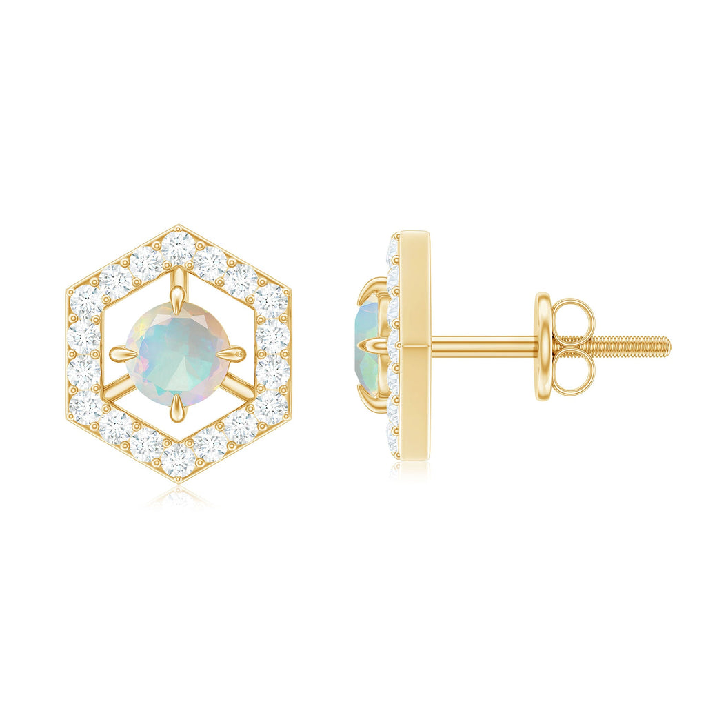 1 CT Minimal Ethiopian Opal and Diamond Geometric Stud Earrings