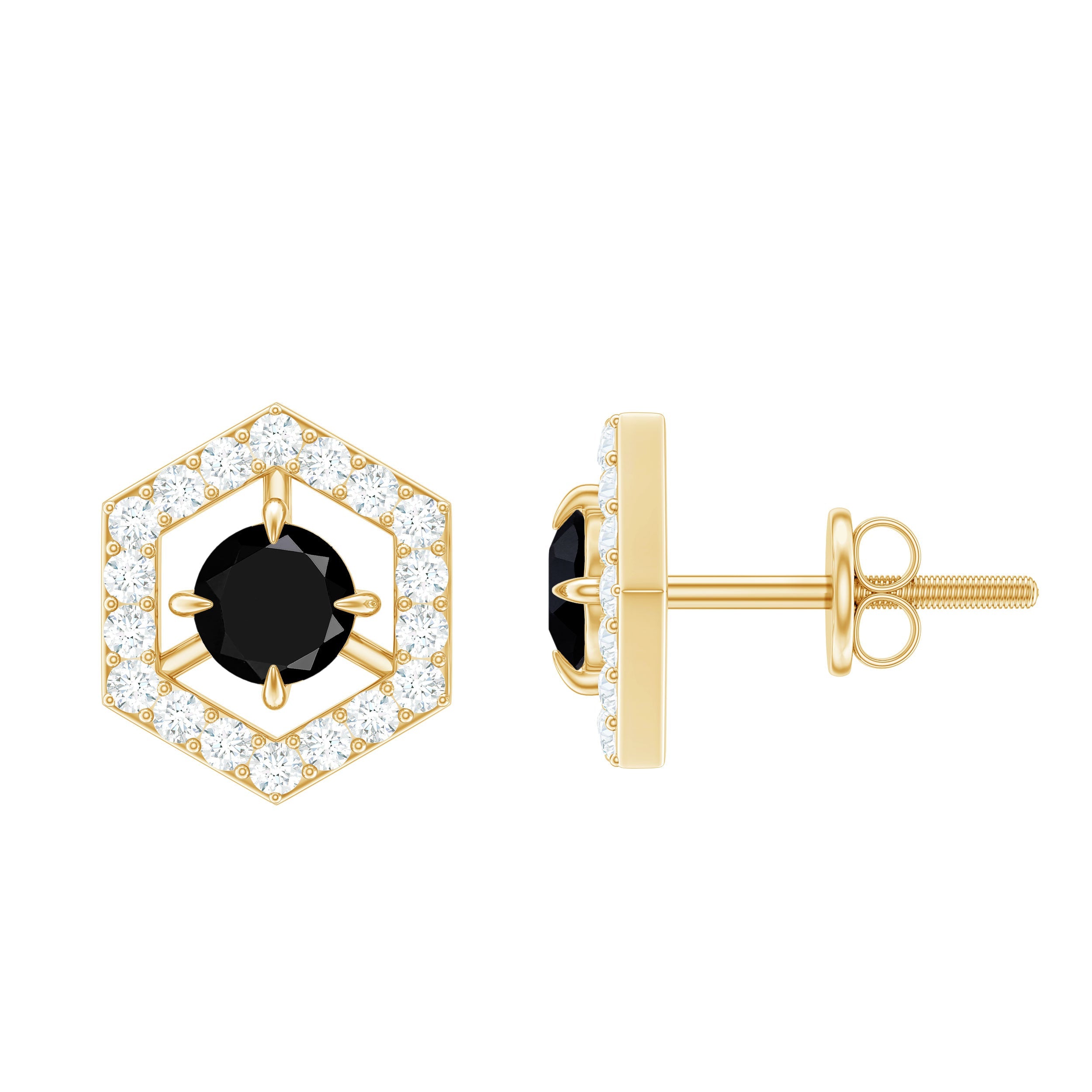 0.9 Carat Black Spinel and Diamond Hexagon Stud Earrings