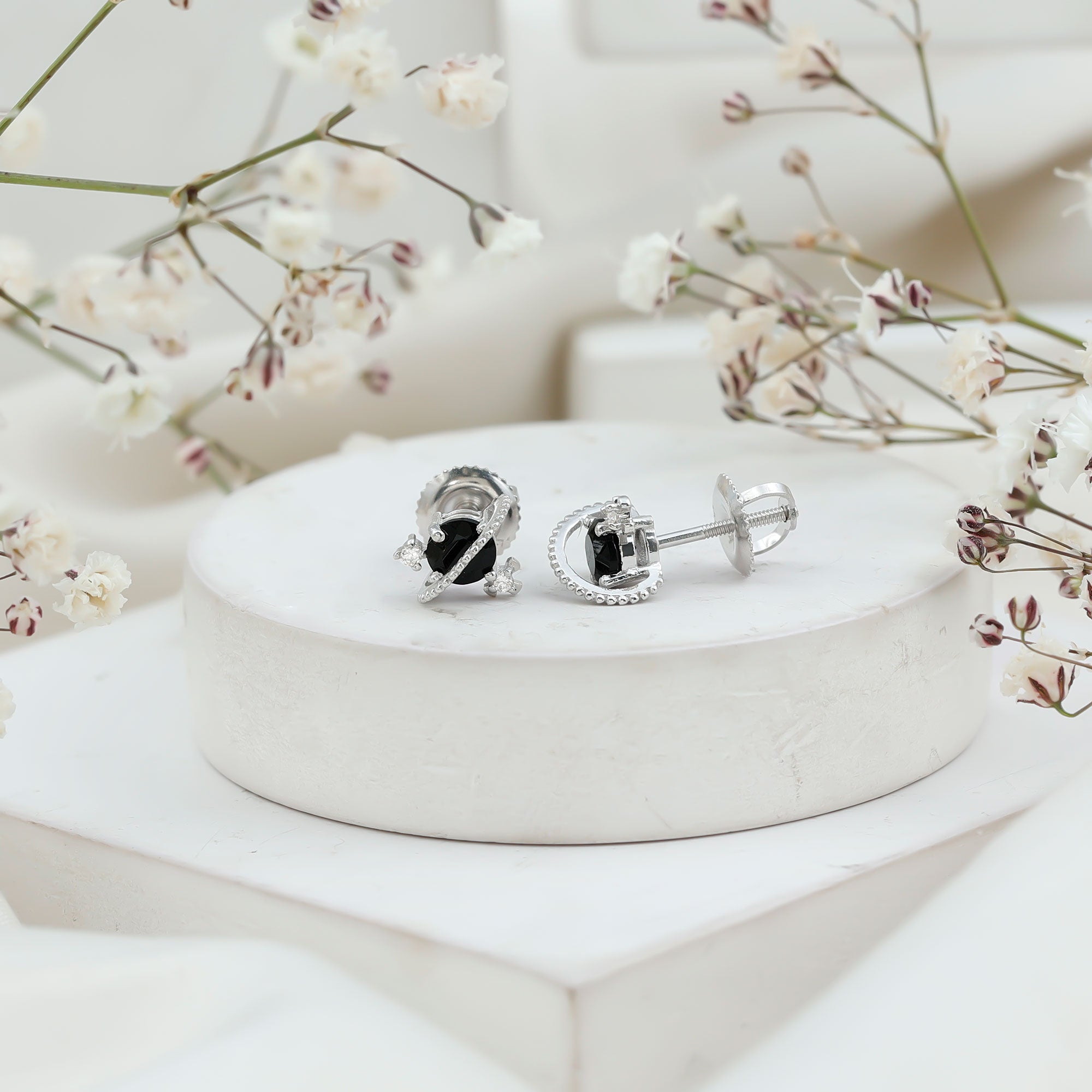Real Black Onyx and Diamond Contemporary Stud Earrings