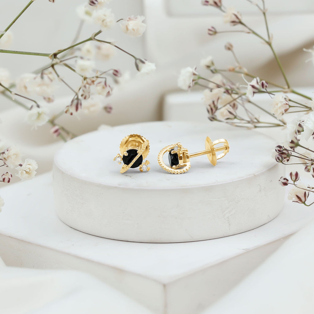 Real Black Onyx and Diamond Contemporary Stud Earrings