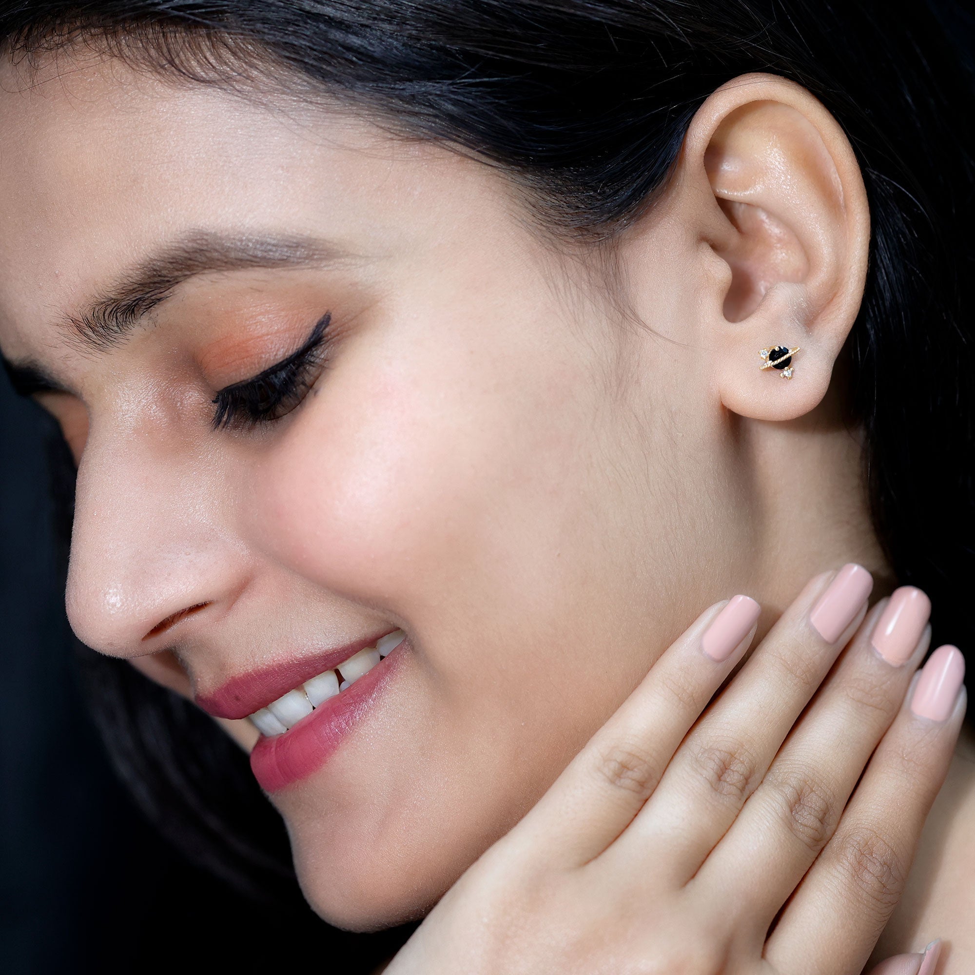 Real Black Onyx and Diamond Contemporary Stud Earrings