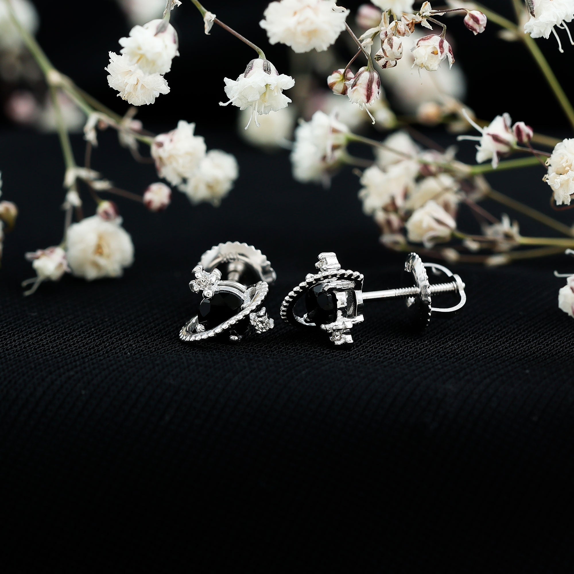 Black Spinel Celestial Stud Earrings with Diamond Stones