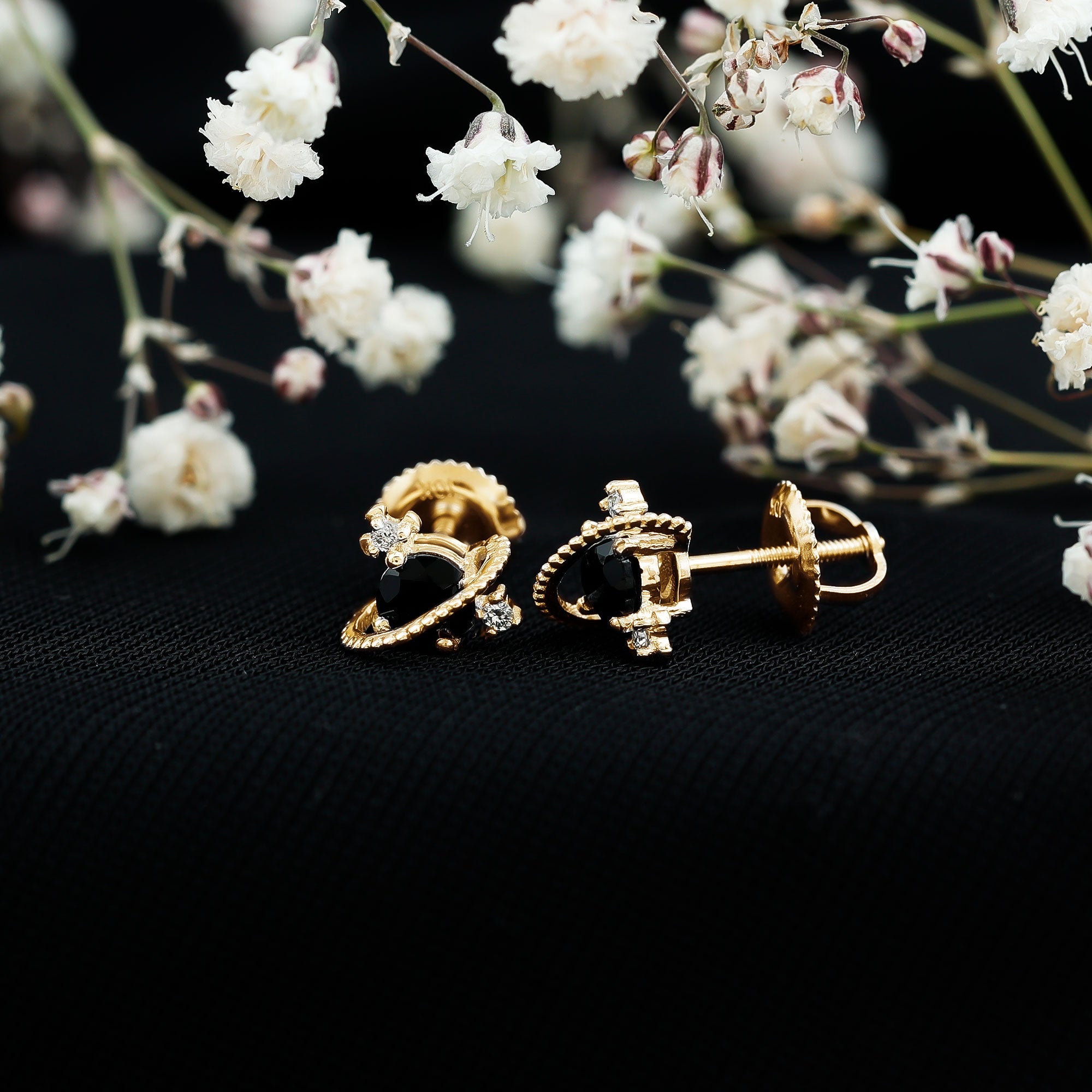 Black Spinel Celestial Stud Earrings with Diamond Stones