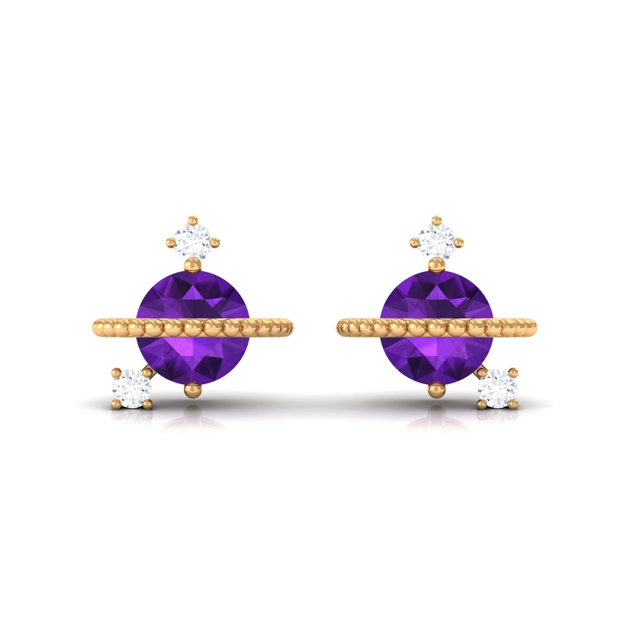 Real Amethyst Contemporary Celestial Stud Earrings with Diamond