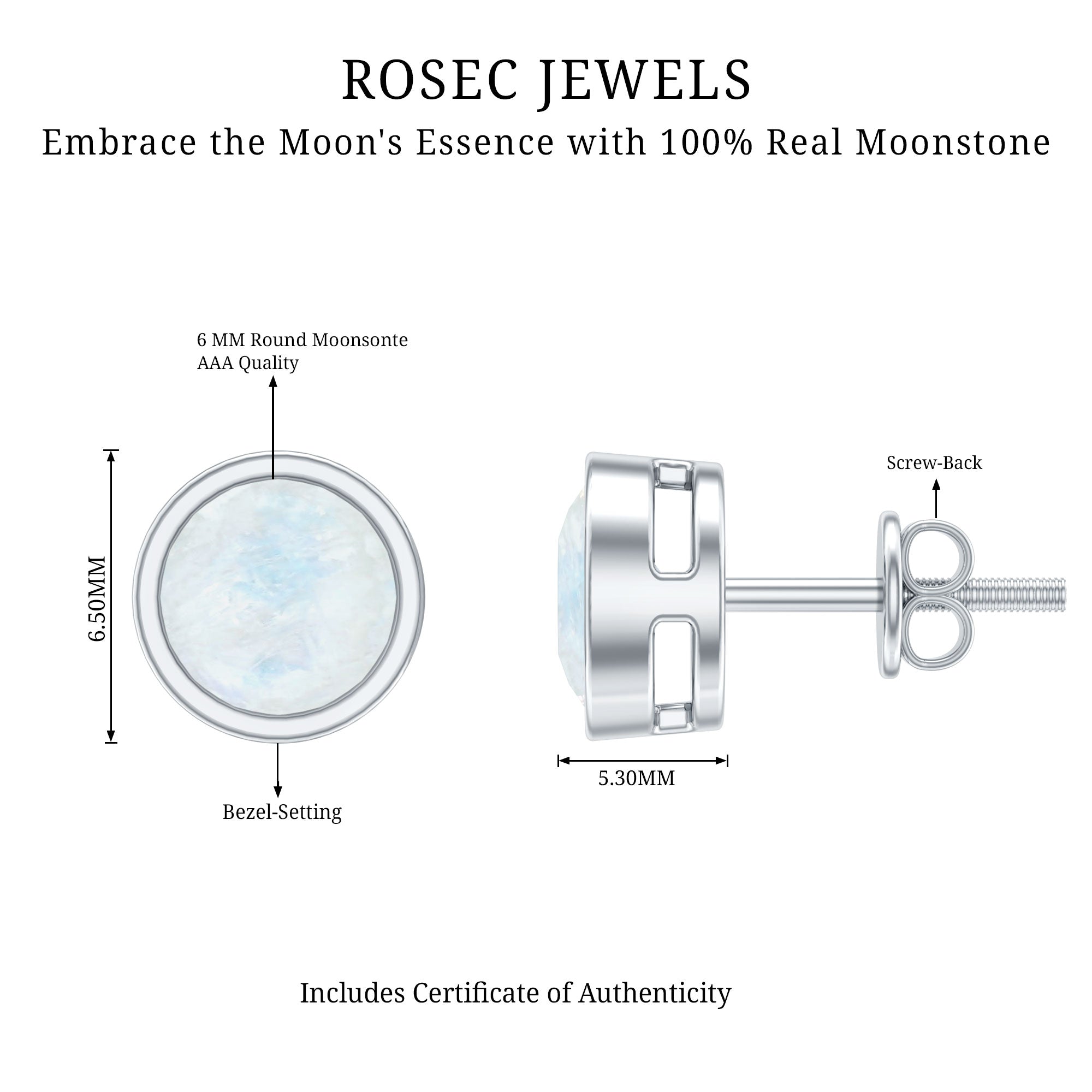 Real Moonstone Solitaire Stud Earrings in Bezel Setting