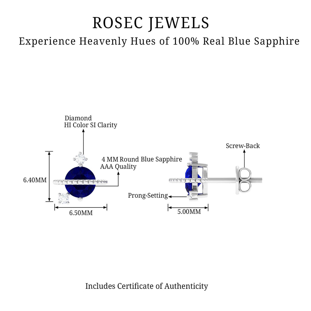 Natural 0.8 Carat Blue Sapphire and Diamond Contemporary Stud Earrings