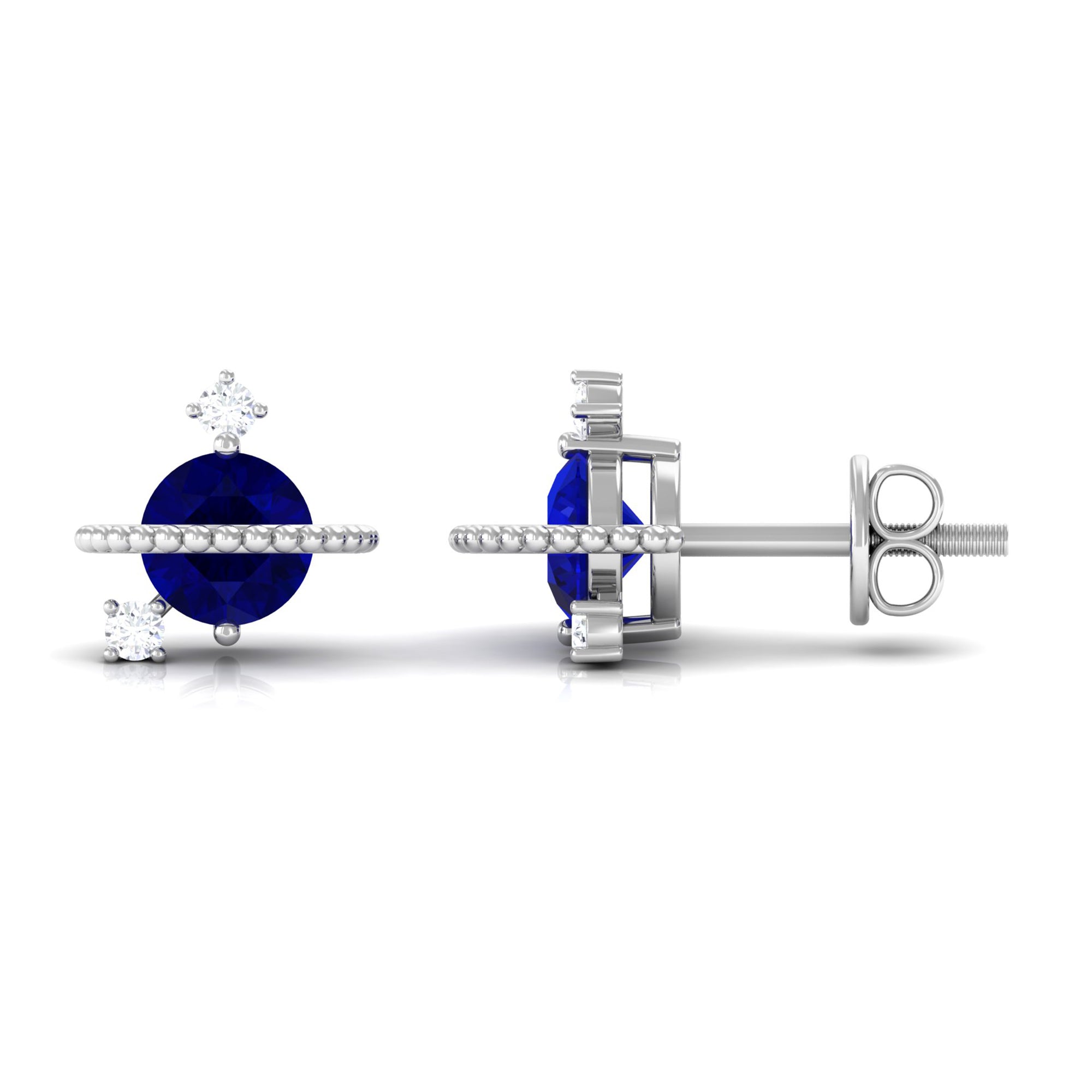 Natural 0.8 Carat Blue Sapphire and Diamond Contemporary Stud Earrings