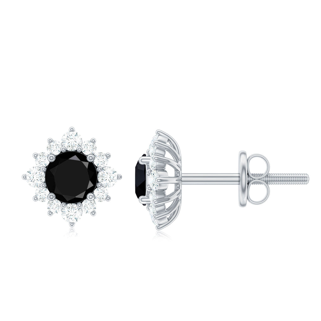 Real Black Onyx Stud Earrings with Diamond Halo