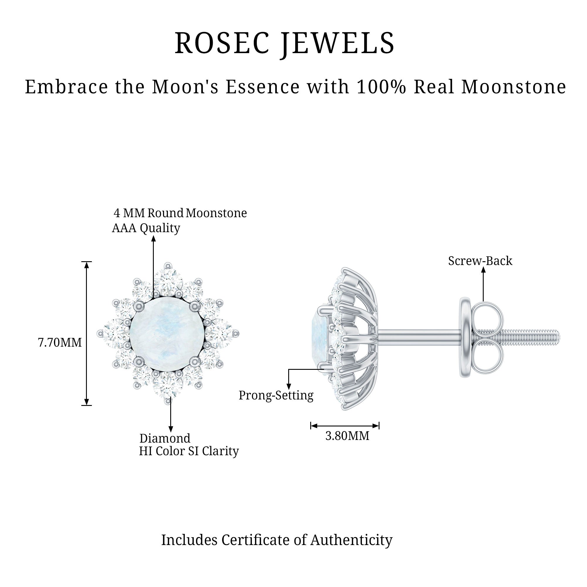 Classic Moonstone Stud Earrings with Diamond Halo