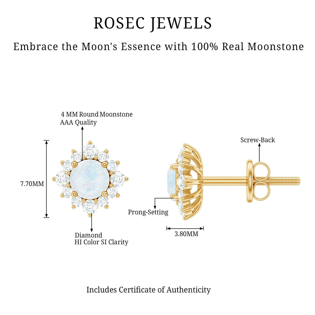 Classic Moonstone Stud Earrings with Diamond Halo