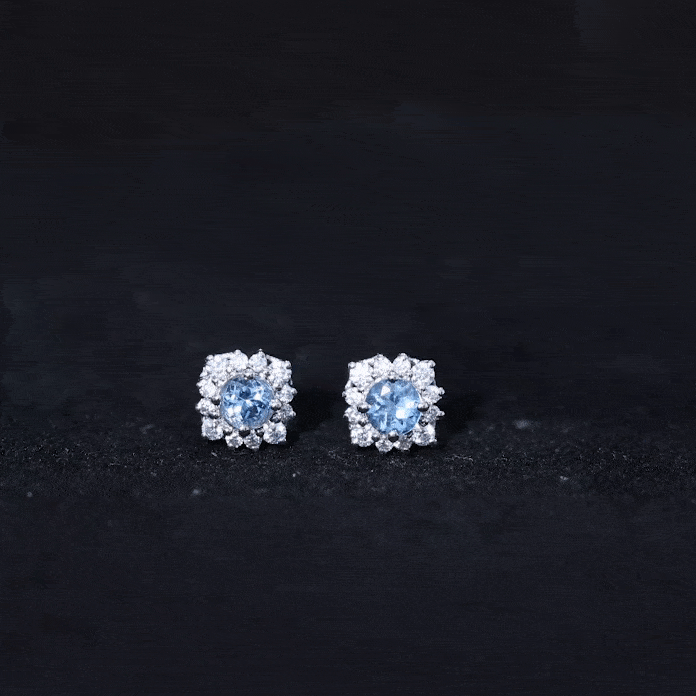 Real Aquamarine Stud Earrings with Diamond Halo