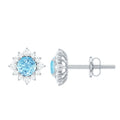 Real Aquamarine Stud Earrings with Diamond Halo