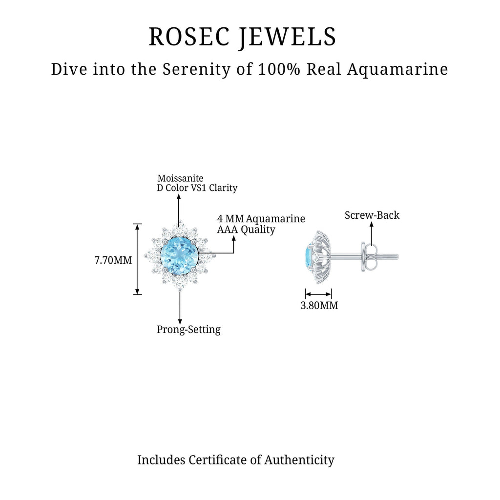 Real Aquamarine Stud Earrings with Diamond Halo