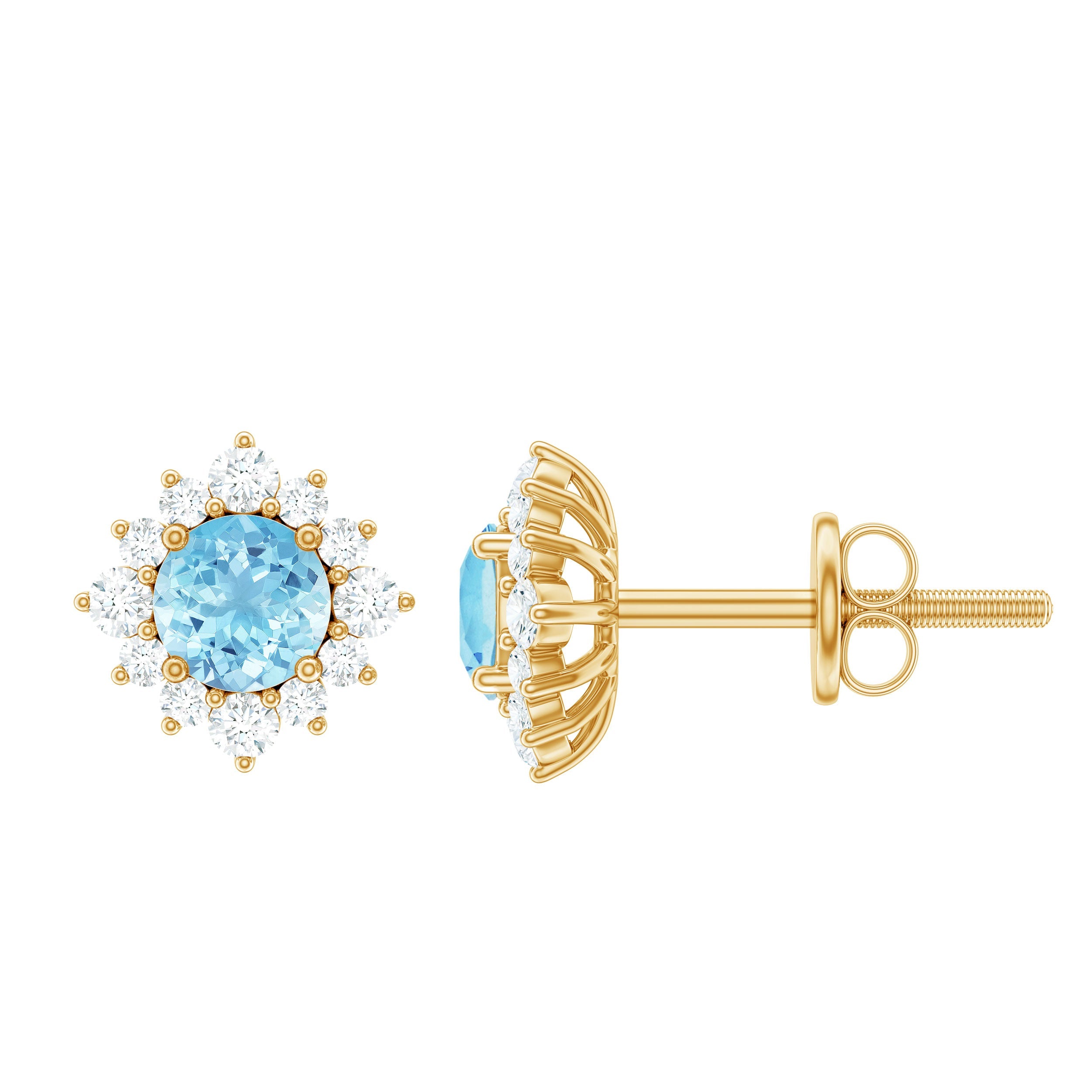 Real Aquamarine Stud Earrings with Diamond Halo