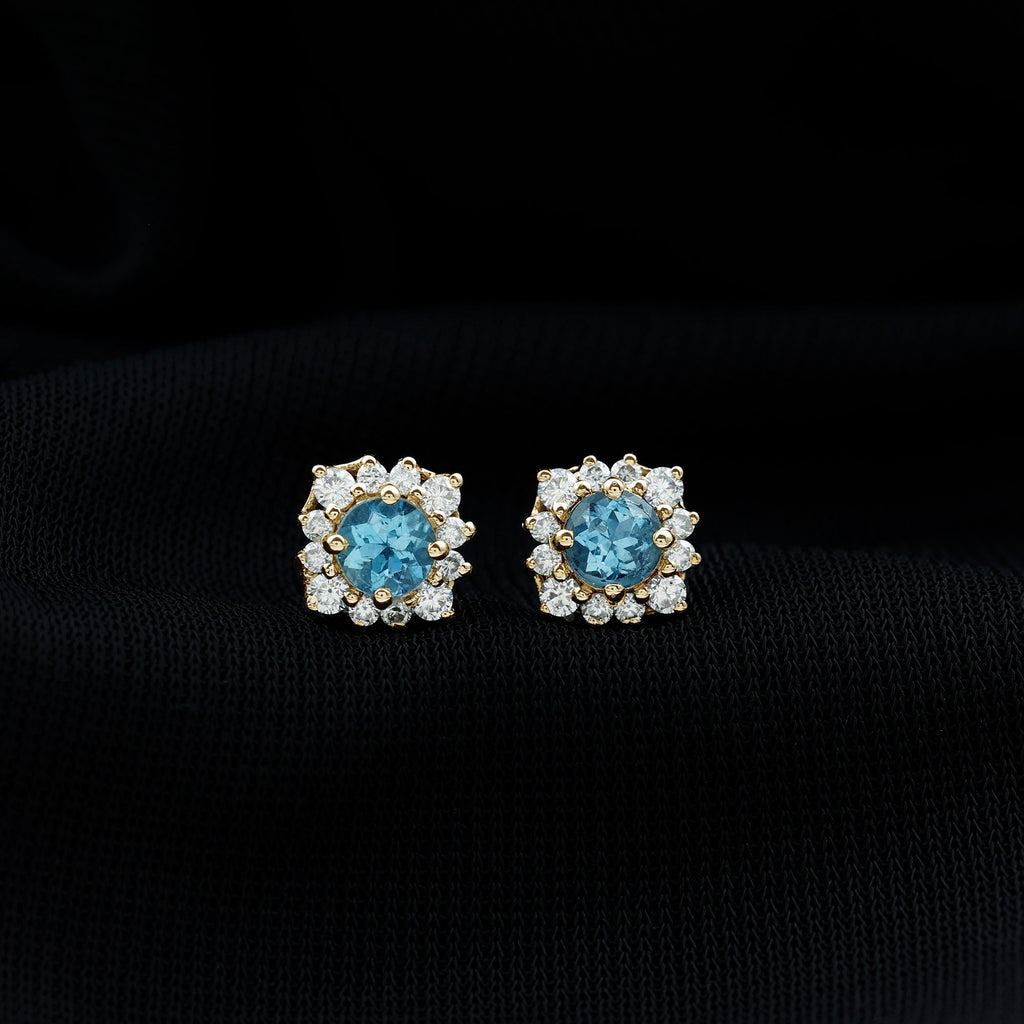 Real Aquamarine Stud Earrings with Diamond Halo