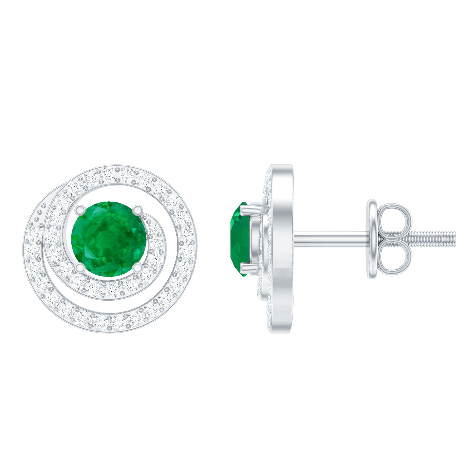 Natural Emerald Diamond Swirl Earrings with Screw Back