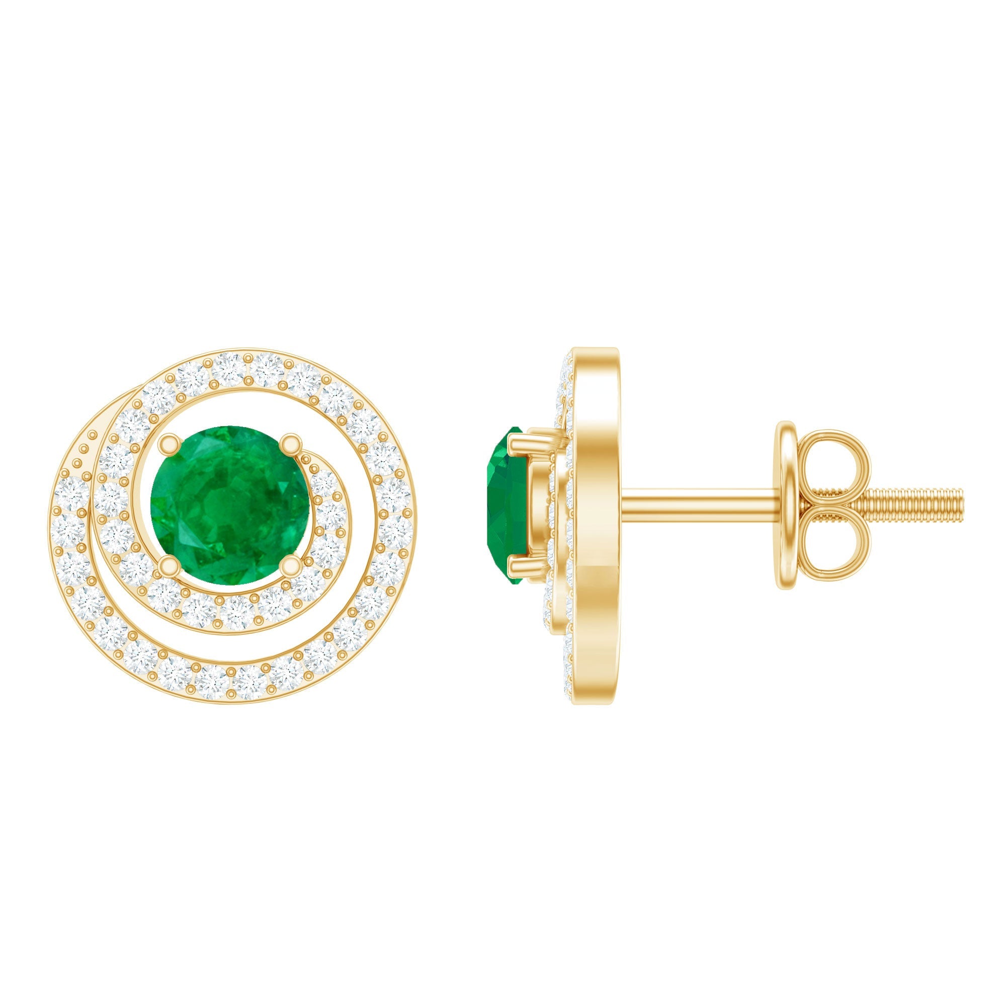 Natural Emerald Diamond Swirl Earrings with Screw Back