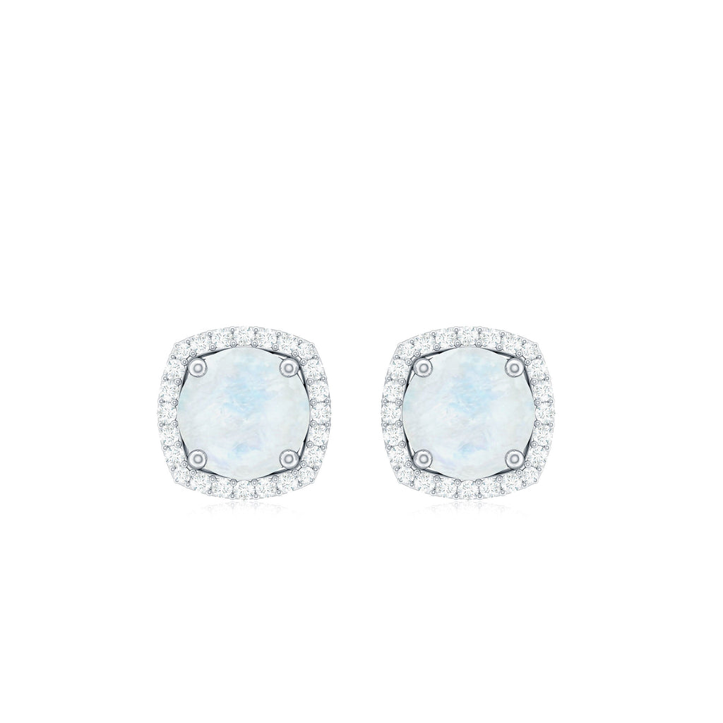 Natural 0.7 Carat Moonstone Stud Earrings with Diamond Halo