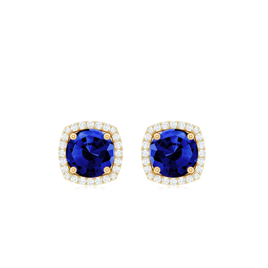 Certified Lab Grown Blue Sapphire and Diamond Halo Stud Earrings