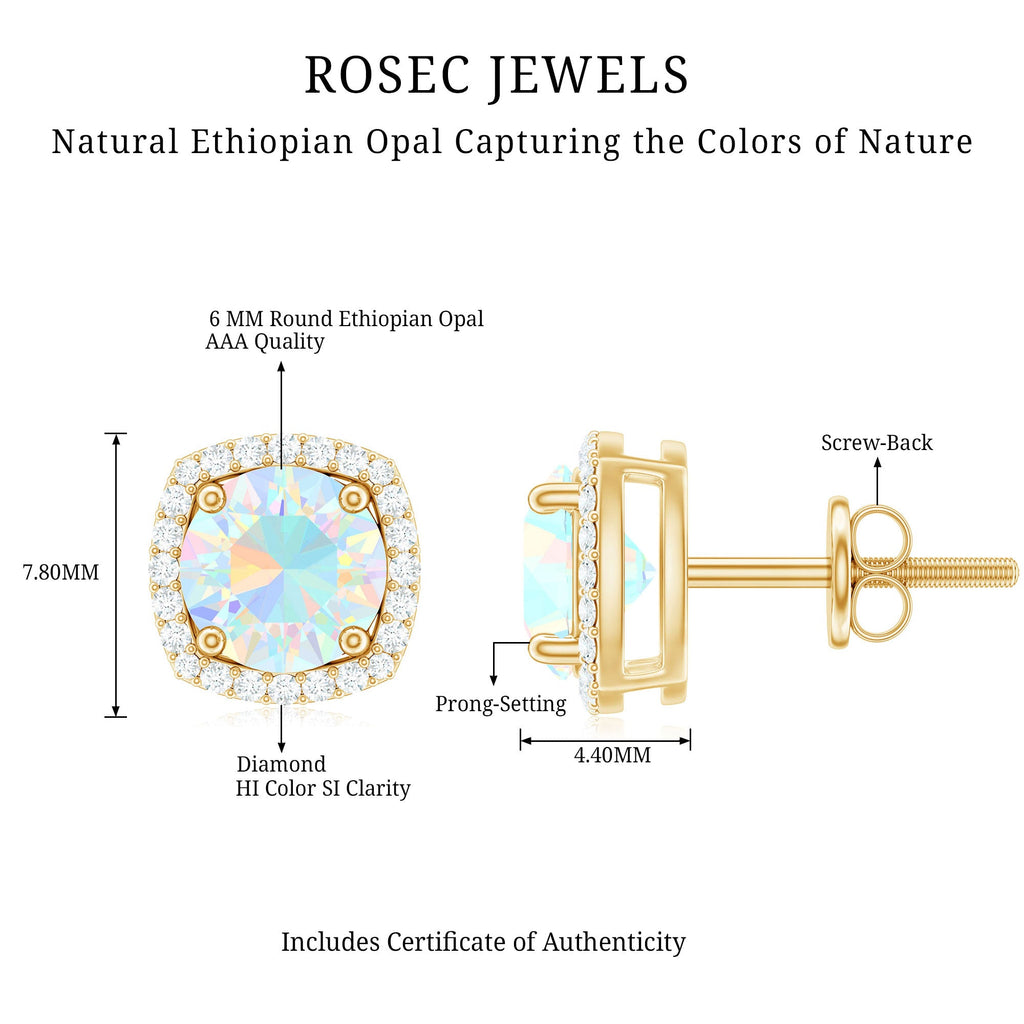 Real 1.6 Carat Ethiopian Opal and Diamond Halo Stud Earrings