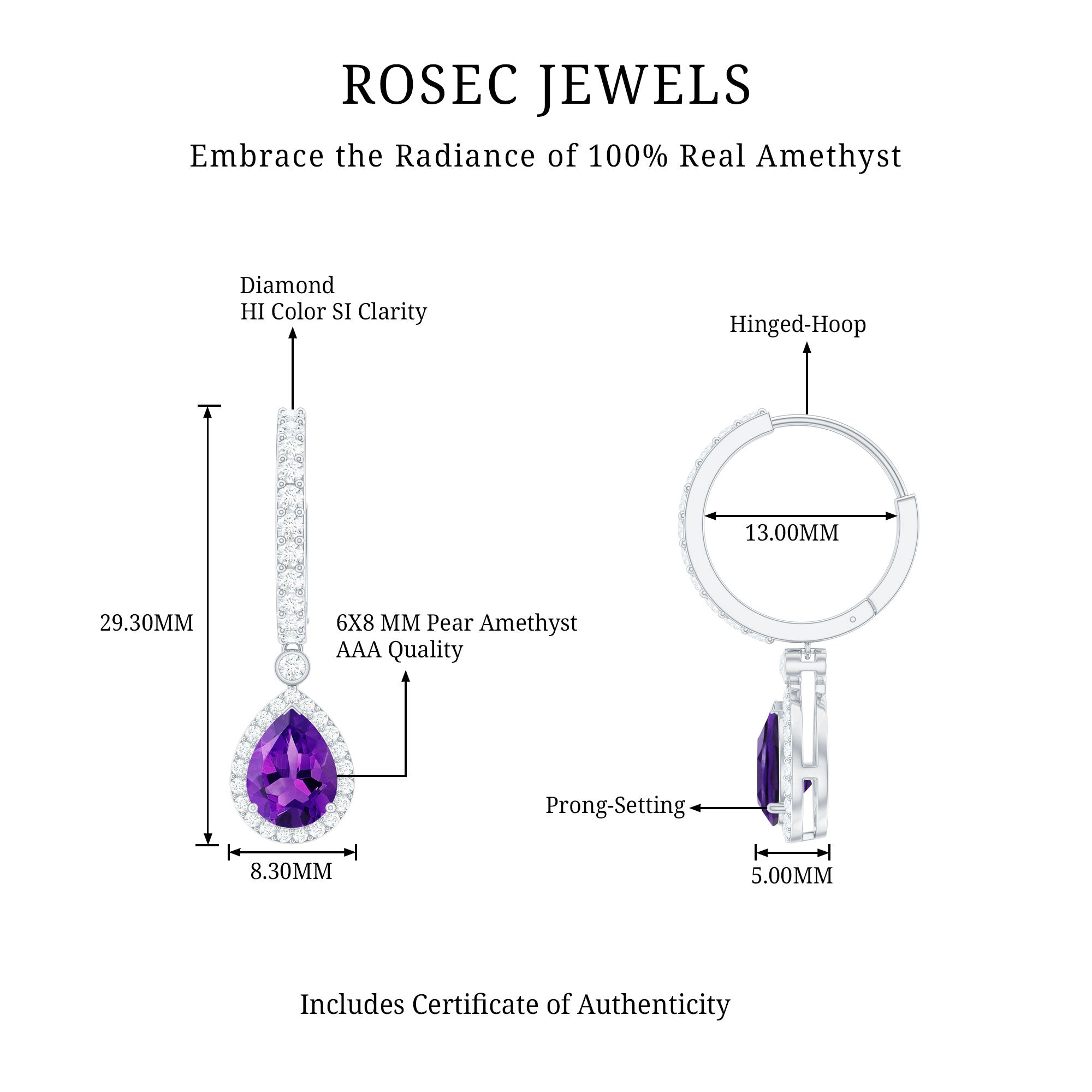 2 Carat Pear Cut Amethyst Hoop Drop Earrings with Diamond Halo