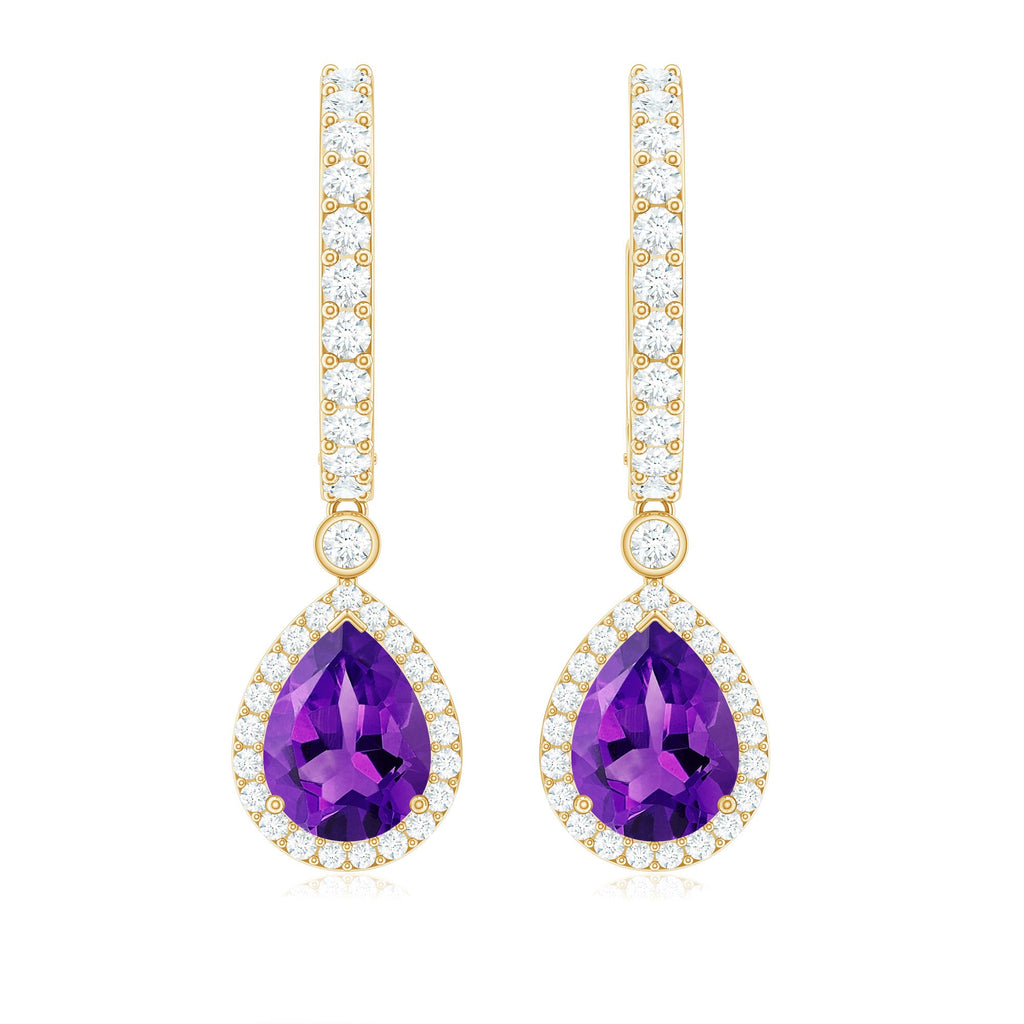 2 Carat Pear Cut Amethyst Hoop Drop Earrings with Diamond Halo