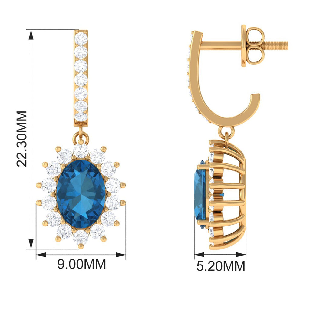 Natural 2 Carat London Blue Topaz Drop Earrings with Diamond Halo